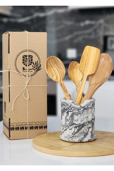 SERENGETİ HOME Olive Tree Spoon Set - 4 Pieces Handmade and Decorative Countertop Spoon Holder