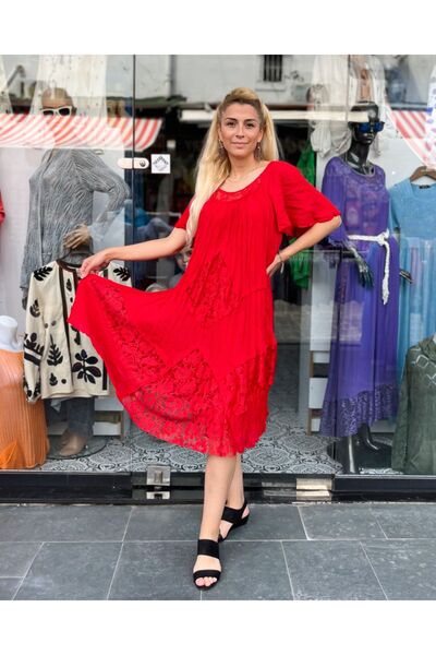 Sosyete Kaplumbağa فستان أحمر بوهيمي مزين بالدانتيل من القطن الفوال الأصلي