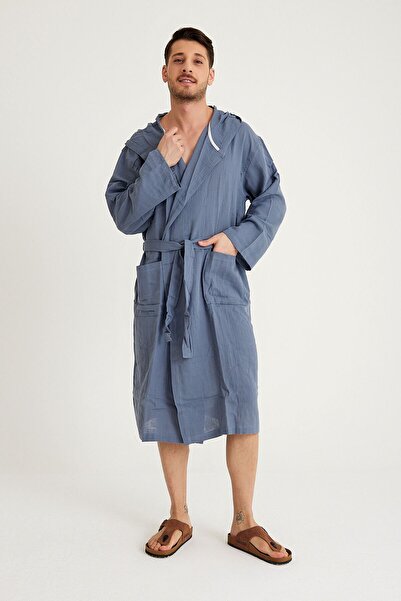 Miespiga Anthracite Long Men's Muslin Bathrobe - Hooded Cotton Beach Clothing