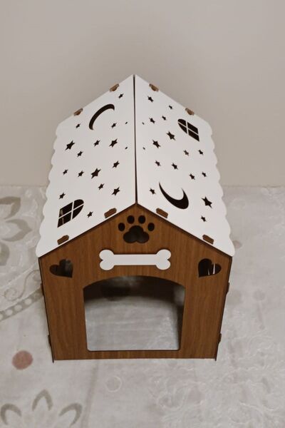 HOBİCİM İsme özel Küçük ırk iç mekan Köpek evi kulübesi iç mekan,ceviz beyaz