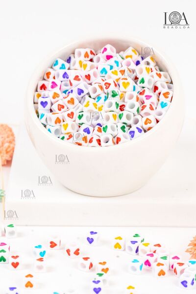 LANDOFACCESSORY 6x6 mm Square Cube White - Colorful Heart Bead Accessory, 25 ...