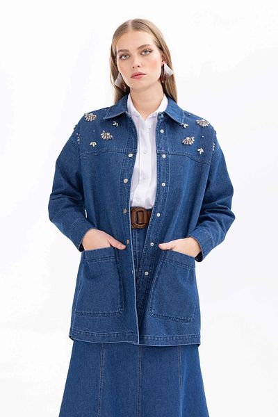 SEÇİL Jachetă de jeans de damă bleumarin - Detaliu de buzunar cu pietre