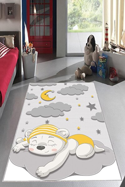 MENTEŞ HOME MENTEŞ Gri Uyuyan Ayıcık Desenli Yıkanabilir Kaymaz Taban Leke Tu...