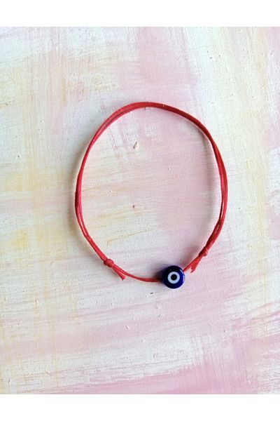 Atelier Çağla Red String Bracelet with Glass Evil Eye Beads