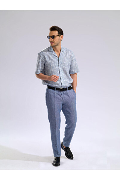 Germirli Mavi Geometrik Desenli Tailor Fit Hawai Yaka Yazlık Pamuk Keten Gömlek