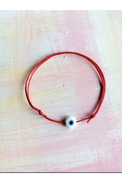 Atelier Çağla Glass Evil Eye Beaded Red String Bracelet - White