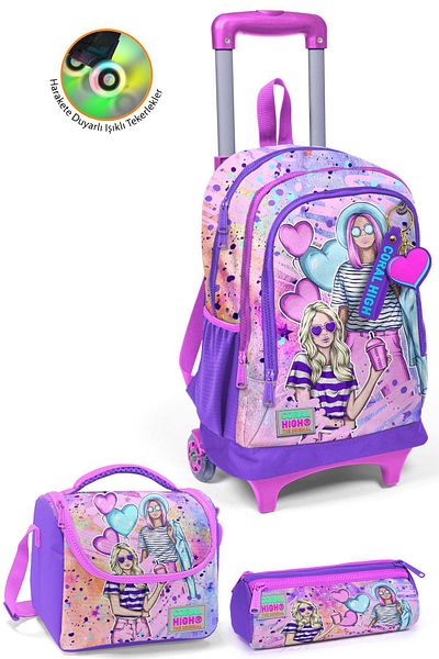 Coral High Set de genți din 3 piese cu model pentru fete de modă roz violet - SET cu trei compartimente cu racletă 0123955