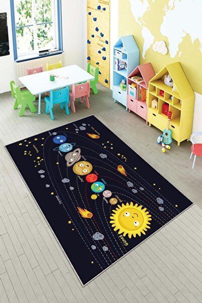 MENTEŞ HOME MENTEŞ Siyah Gezegen Desen Eğitici Yıkanabilir Kaymaz Taban Leke ...