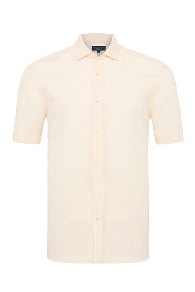 Germirli Krem Rengi Tailor Fit Soft Yaka Lyocell Keten Kısa Kollu Erkek Gömlek
