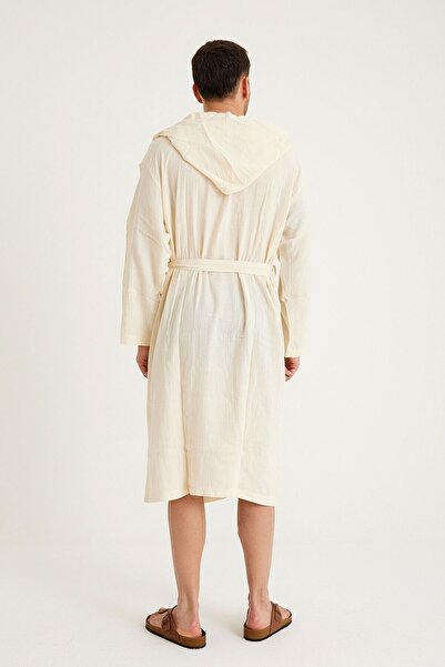 Miespiga Men's Muslin Bathrobe - Cotton Hooded Long Beach Clothing, Beige