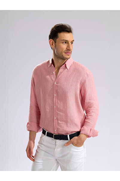 Germirli Pembe Tailor Fit Düğmeli Yaka Albini Keten Gömlek