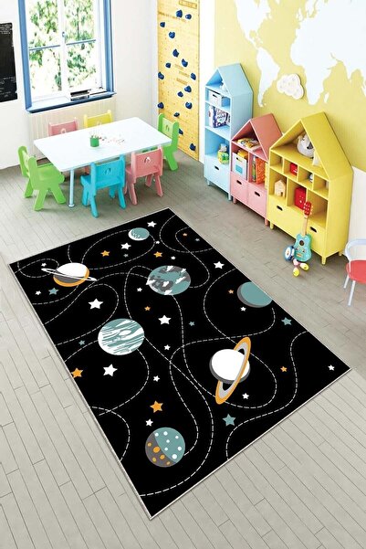 MENTEŞ Siyah Galaksi Desenli Yıkanabilir Kaymaz Taban Leke Tutmaz Bebek Ve Çocuk Odası Halısı