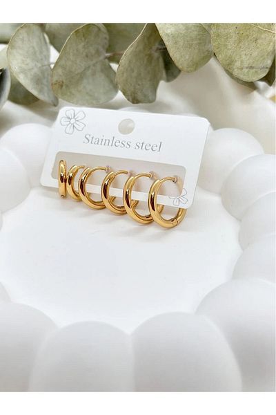 HKN AVM ACCESSORİES Ring Model Multiple Non-Tarnish Triple Pair Steel Earrings Set