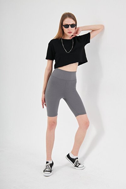 THIFF GYMWEAR Antrasit Yüksek Bel Toparlayıcı Kısa Şort Spor Fitilli Biker Tayt