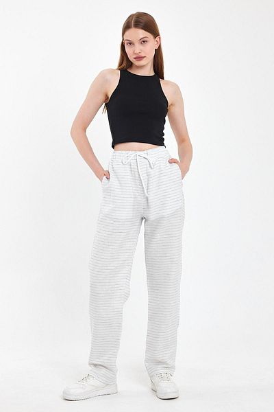 DAMGA JEANS High Waist White Cotton Pallazzo Pants - Elastic Waist Summer Design