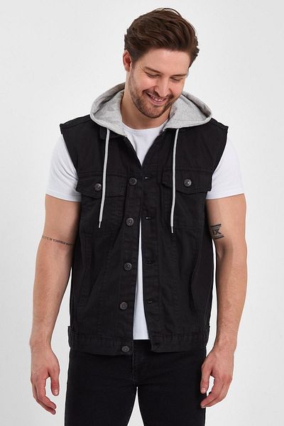 DAMGA JEANS Comfortable Fit Denim Hooded Denim Vest Black