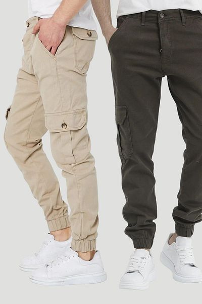 DAMGA JEANS Men's 2 Pocket Elastic Leg Casual Daily Young Modern Cargo Pocket Trousers Stone And Khaki