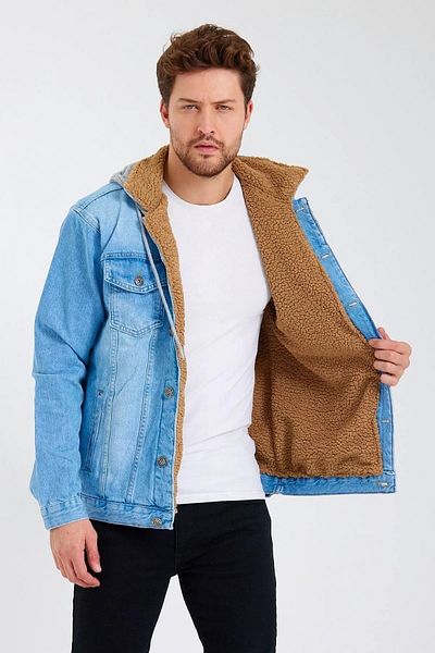 DAMGA JEANS Дънково палто с кожа и качулка Антрацитно ледено синьо
