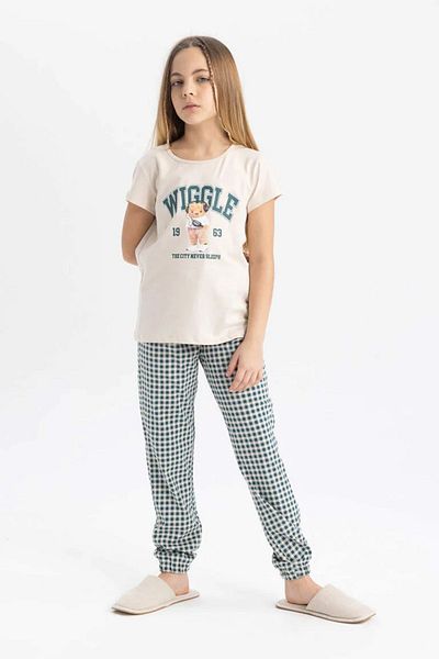 DeFacto Dívčí pyžamový set Crew Neck Potištěný Krátký rukáv Top Dlouhé Spodní C1944A824Sp