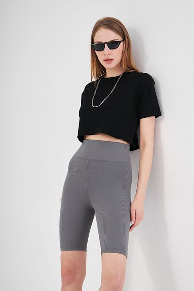 THIFF GYMWEAR Anthracite High Waist Recovery Short Shorts Sports Ribbed Biker Leggings