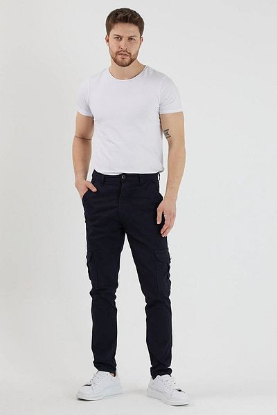 DAMGA JEANS Navy Blue Stretch Cargo Pants - Men'S, Comfortable Wide Legs, Pockets