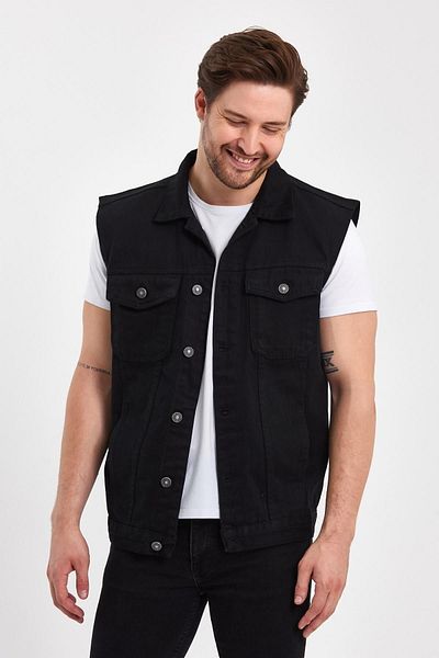 DAMGA JEANS Удобна дънкова жилетка с щампован текст и копчета, черна