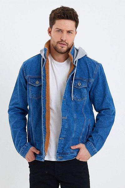 DAMGA JEANS Антрацитно синьо дънково палто с качулка и подплата с кожа