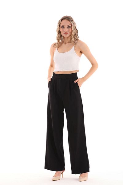 QUZLAK Black High Waist Pleated and Velcro Detailed Women's Palazzo Trousers