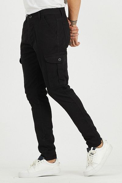 DAMGA JEANS Men's High Waist Stretchy Black Baggy Cargo Pocket Trousers