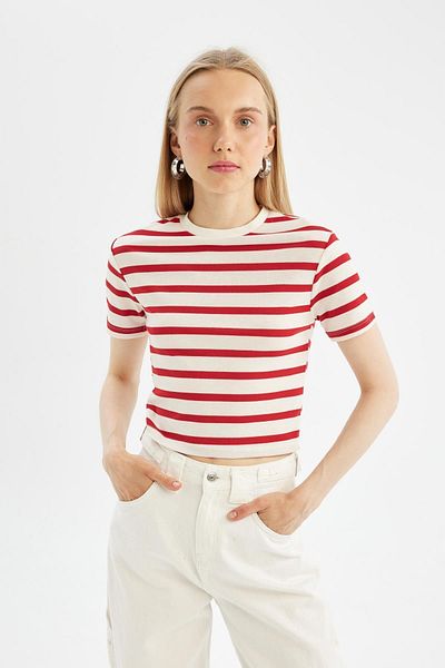 DeFacto Gestreiftes Ripp-Kurzarm-T-Shirt - A7646AX24SM