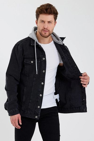 DAMGA JEANS Мъжко дънково яке с качулка в класически градски стил за ежедневна употреба, черно