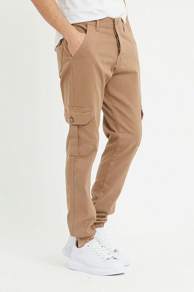 DAMGA JEANS Men's Elastic Leg High Waist Camel Cargo Pocket Trousers