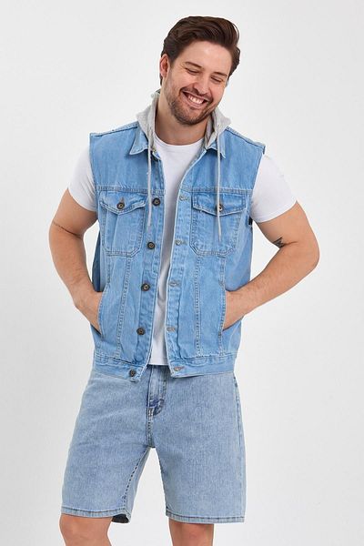 DAMGA JEANS Άνετη εφαρμογή τζιν με κουκούλα τζιν γιλέκο Ice Blue