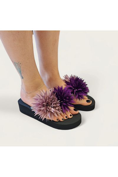 Bermody Purple Flower Patterned Silver Banded Wedge Sole Women's Slippers - Suitable for Beach and Daily