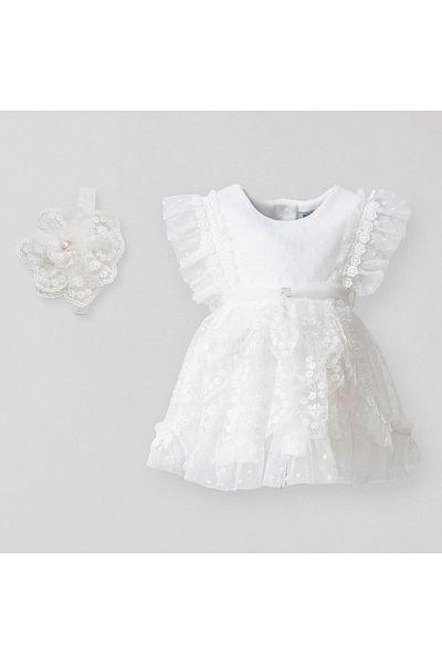 MİNİBORN Newborn Girl Short Sleeve Mona Lisa Ecru Dress Set