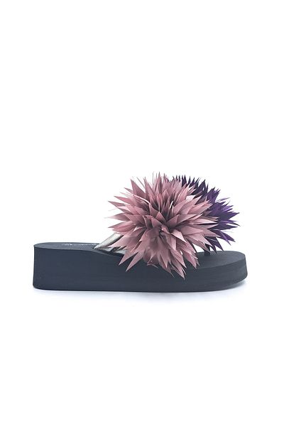 Bermody Purple Flower Patterned Silver Banded Wedge Sole Women's Slippers - Suitable for Beach and Daily