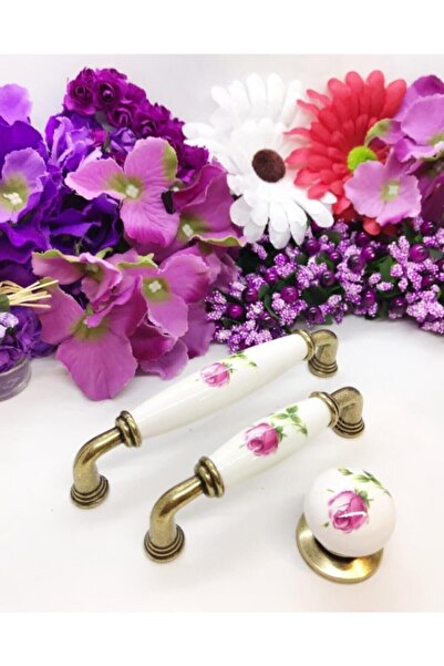 Tomurcuk 5 Adet 128 Mm Antik Sarı Lüks Porselen Kulp Özel Desenli Mutfak Vest...