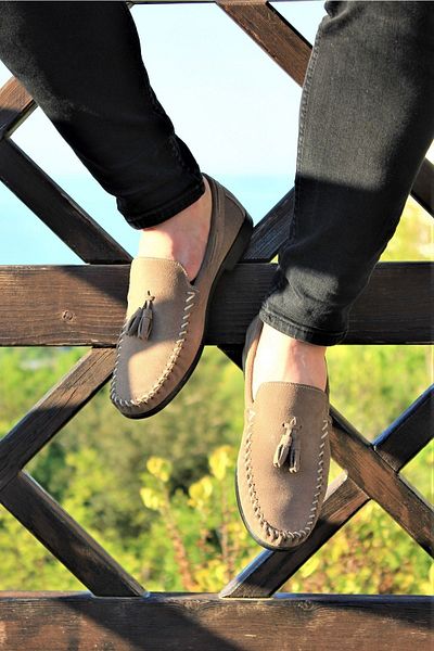 DOCKA Men's Genuine Leather Summer Beige Suede Ballet Loafer Shoes