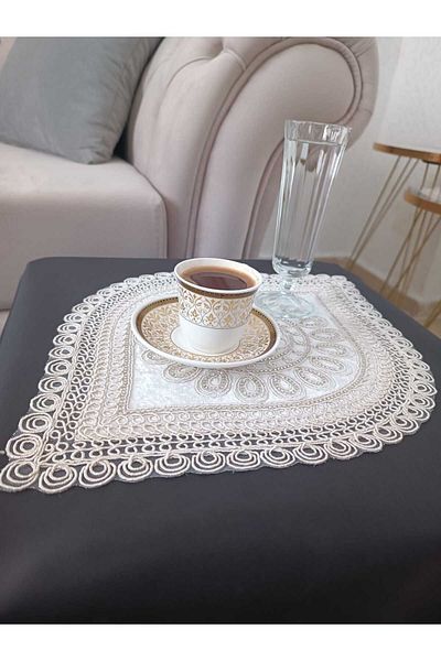 Eces Design Şahmaran 5 Piece Luxury Runner Living Room Coffee Table Table Cover Set Beaded Laced Dowry Set