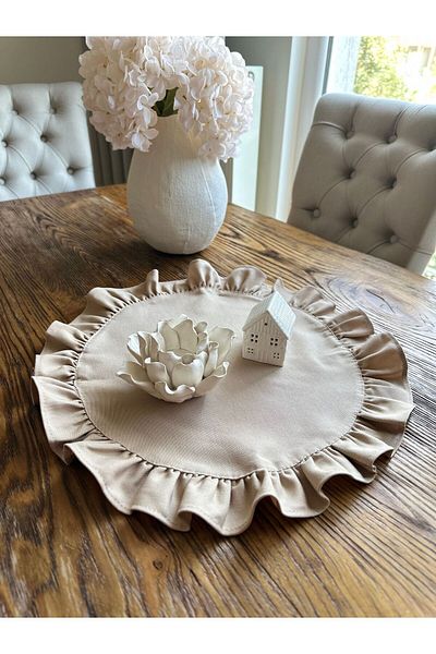 Decamor home Beige Linen Textured Round Frilly Decorative Blanket