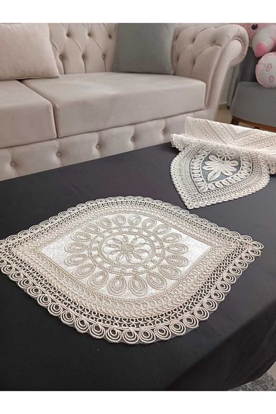 Eces Design Şahmaran 5 Piece Luxury Runner Living Room Coffee Table Table Cover Set Beaded Laced Dowry Set
