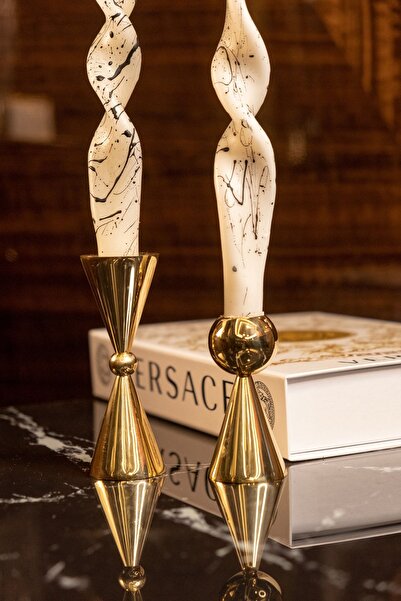 LUKREA Pirinç El Yapımı Bodur Konik Mumluk Ottawa Ikili Set