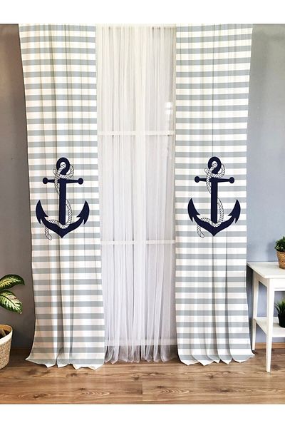 Evmila Printed Ship Anchor Patterned Single Wing Velvet Texture Background Curtain - Gray