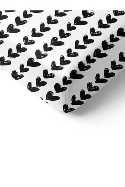 Evmila Black Heart Pattern Printed Single Elastic Sheet Set White