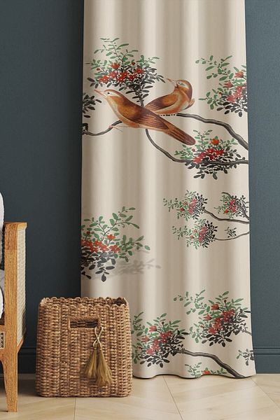 Evmila Printed Bird Patterned Living Room and Bedroom Single Wing Velvet Texture Background Curtain - White