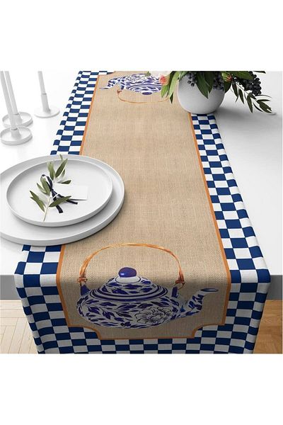 Evmila Runner din catifea cu model Gingham albastru