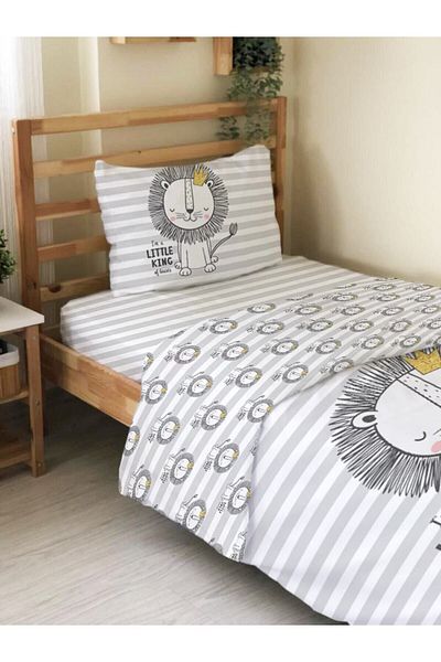 Evmila Double Sided Lion Patterned Set of 2 Without Sheets Printed Single Duvet Cover Set Gray