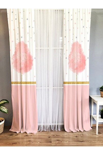 Evmila Baskılı Modern Desenli Tek Kanat Kadife Doku Fon Perde - Pembe