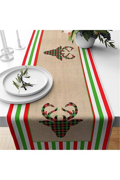 Evmila Christmas Themed Velvet Runner with Deer Pattern