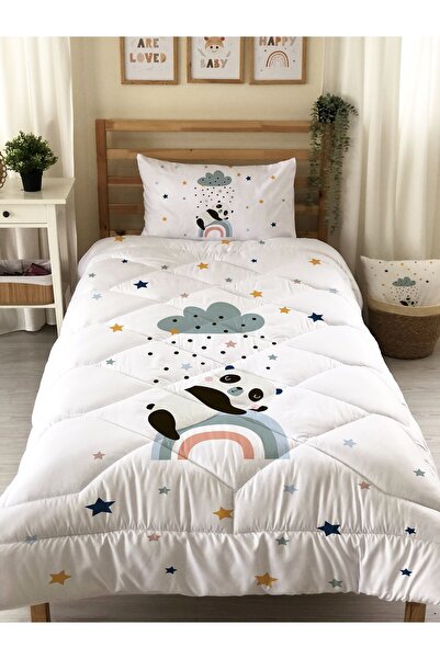 Evmila Panda Ve Gökkuşağı Desenli Kapitone Yorgan,dekoratif Yatak Örtüsü